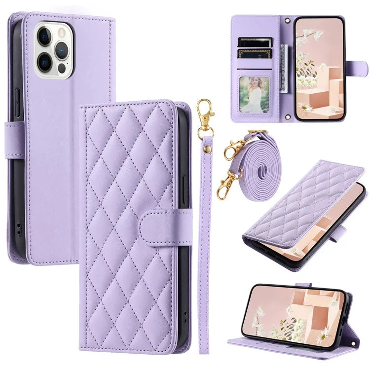 For iPhone 12 / 12 Pro Leather Case Wallet Stand Flip Phone Cover with 2 Straps