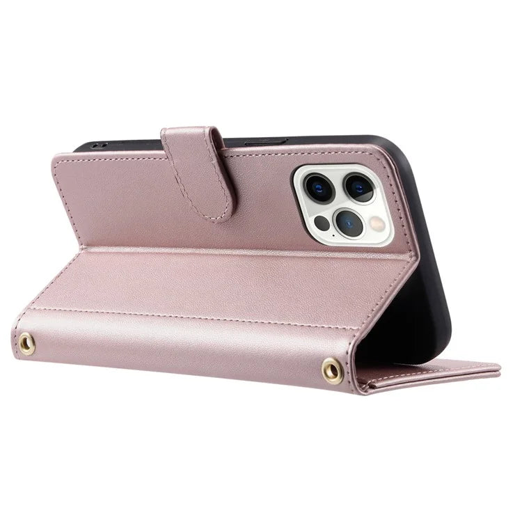 For iPhone 12 / 12 Pro Leather Case Wallet Stand Flip Phone Cover with 2 Straps