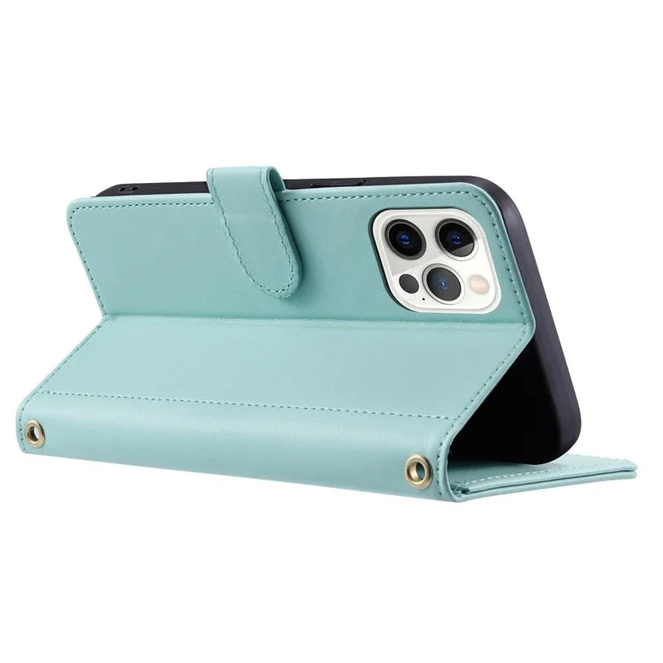 For iPhone 12 / 12 Pro Leather Case Wallet Stand Flip Phone Cover with 2 Straps