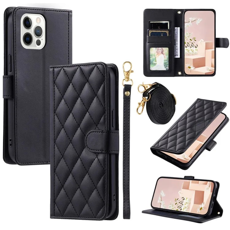 For iPhone 12 / 12 Pro Leather Case Wallet Stand Flip Phone Cover with 2 Straps