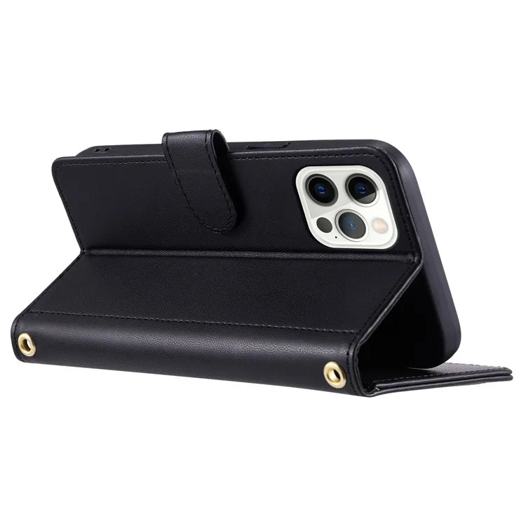 For iPhone 12 / 12 Pro Leather Case Wallet Stand Flip Phone Cover with 2 Straps