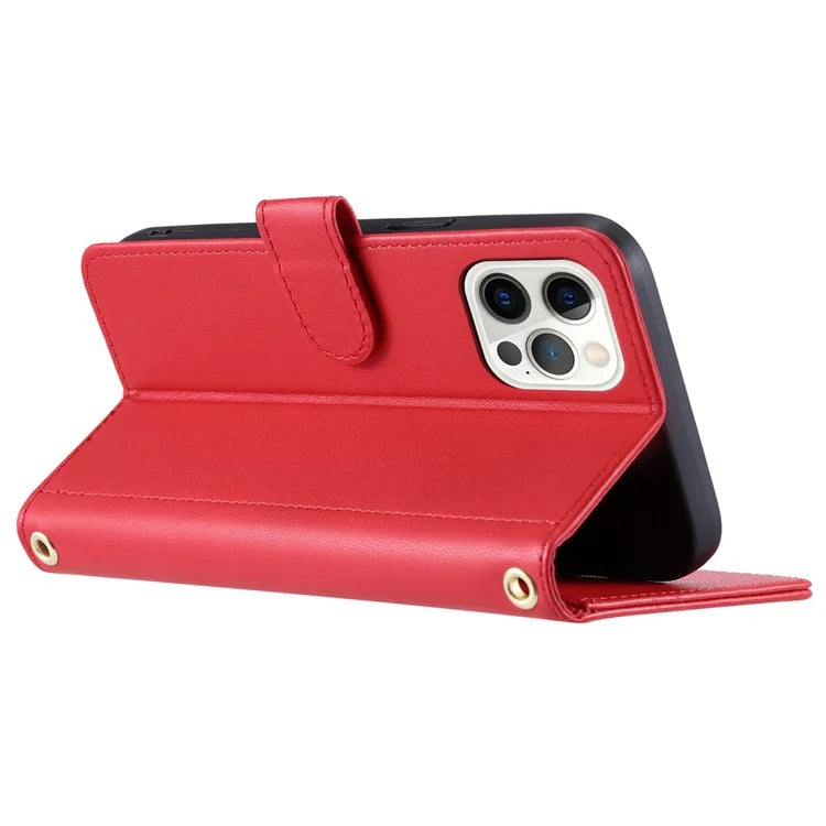 For iPhone 12 / 12 Pro Leather Case Wallet Stand Flip Phone Cover with 2 Straps