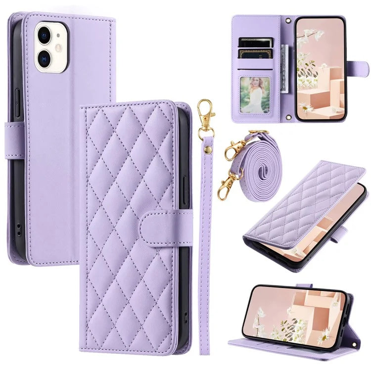 For iPhone 12 mini Leather Case Crossbody Phone Cover with 2 Straps