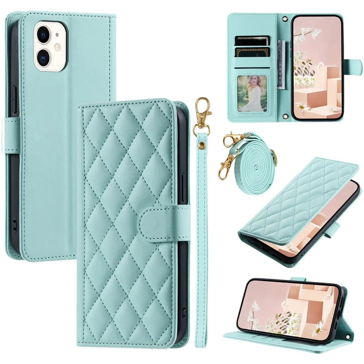For iPhone 12 mini Leather Case Crossbody Phone Cover with 2 Straps