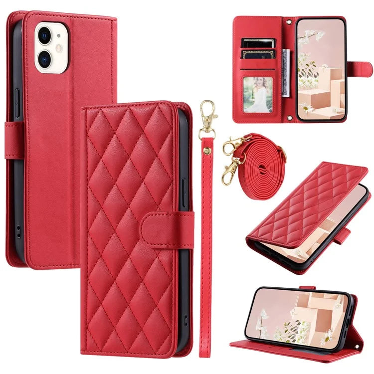 For iPhone 12 mini Leather Case Crossbody Phone Cover with 2 Straps