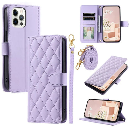 For iPhone 12 Pro Max Case Rhombus Grid PU Leather Wallet Phone Stand Cover
