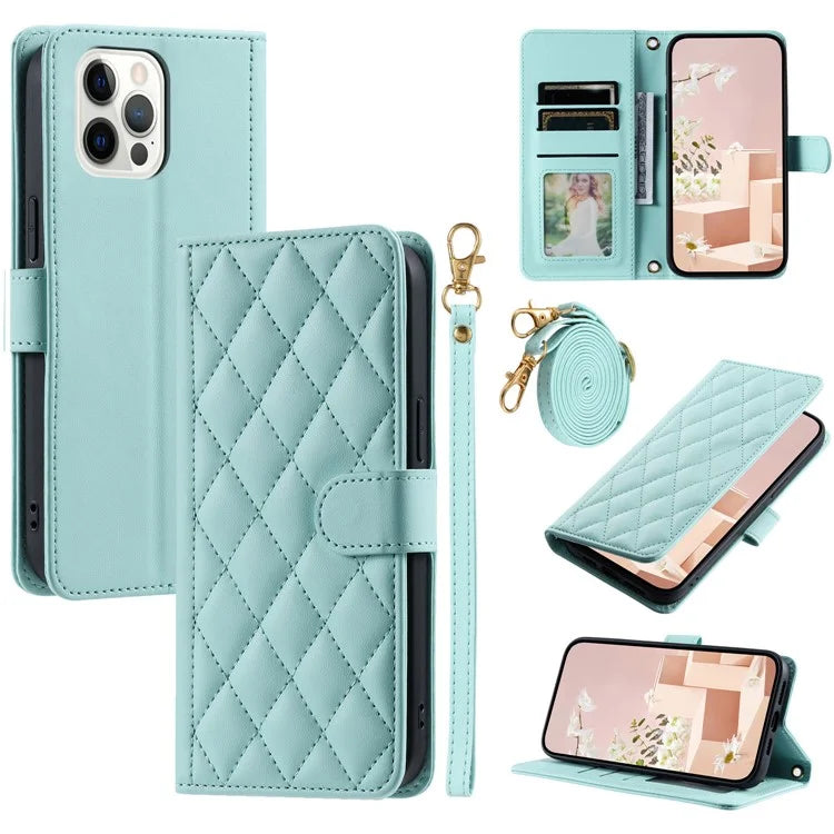 For iPhone 12 Pro Max Case Rhombus Grid PU Leather Wallet Phone Stand Cover