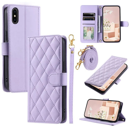 For iPhone XS Max Leather Wallet Case with Straps Rhombus Grid Phone Cover