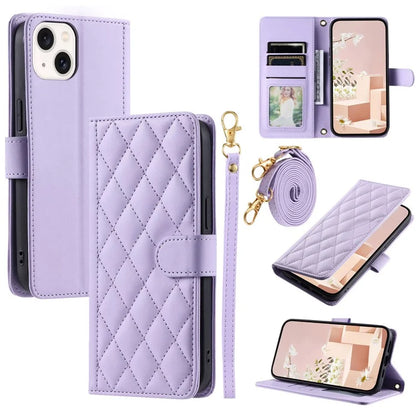 For iPhone 14 Plus Leather Stand Case Rhombus Grid Wallet Phone Cover