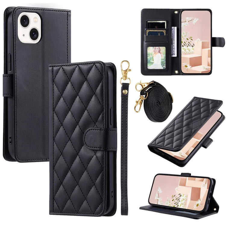 For iPhone 14 Plus Leather Stand Case Rhombus Grid Wallet Phone Cover