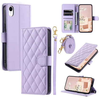 For iPhone XR Leather Case Rhombus Grid Flip Wallet Phone Cover with Straps