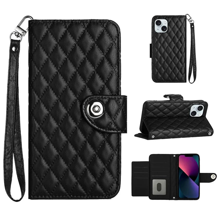 YB Imprinting Series-8 for iPhone 13 / 14 Case Rhombus Wallet Leather Cover with Hand Strap