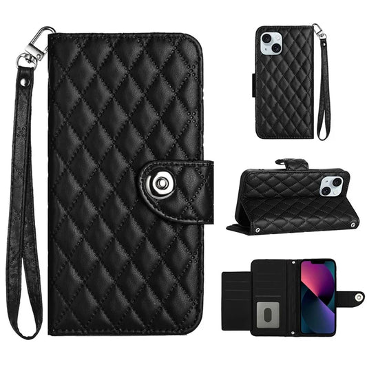 YB Imprinting Series-8 for iPhone 13 / 14 Case Rhombus Wallet Leather Cover with Hand Strap