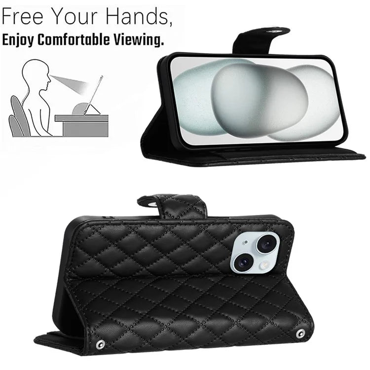 YB Imprinting Series-8 for iPhone 13 / 14 Case Rhombus Wallet Leather Cover with Hand Strap