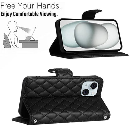 YB Imprinting Series-8 for iPhone 13 / 14 Case Rhombus Wallet Leather Cover with Hand Strap