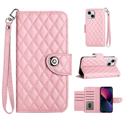 YB Imprinting Series-8 for iPhone 13 / 14 Case Rhombus Wallet Leather Cover with Hand Strap