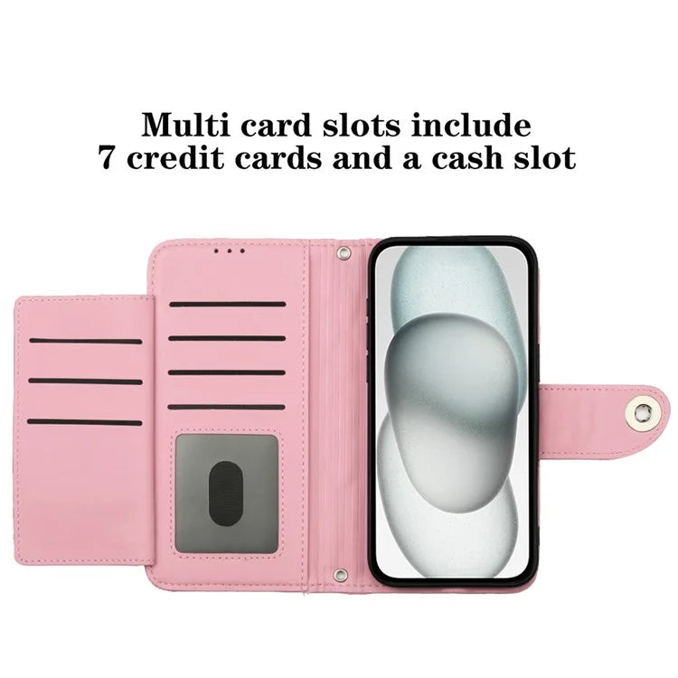 YB Imprinting Series-8 for iPhone 13 / 14 Case Rhombus Wallet Leather Cover with Hand Strap