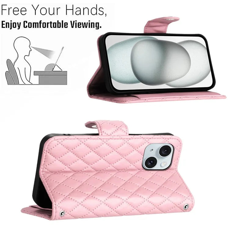 YB Imprinting Series-8 for iPhone 13 / 14 Case Rhombus Wallet Leather Cover with Hand Strap