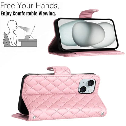 YB Imprinting Series-8 for iPhone 13 / 14 Case Rhombus Wallet Leather Cover with Hand Strap