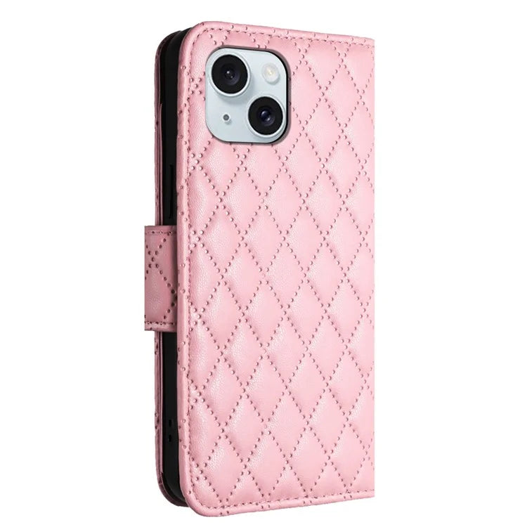 YB Imprinting Series-8 for iPhone 13 / 14 Case Rhombus Wallet Leather Cover with Hand Strap