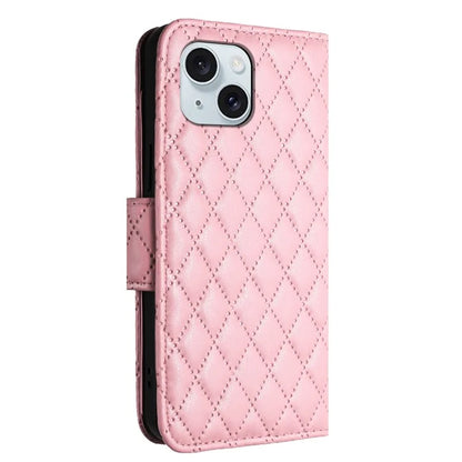 YB Imprinting Series-8 for iPhone 13 / 14 Case Rhombus Wallet Leather Cover with Hand Strap