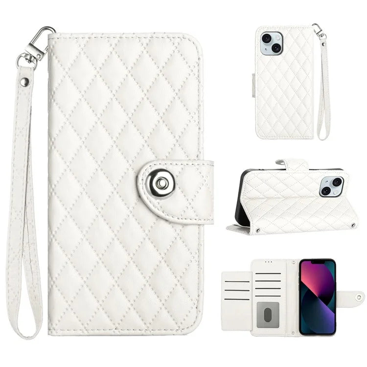 YB Imprinting Series-8 for iPhone 13 / 14 Case Rhombus Wallet Leather Cover with Hand Strap