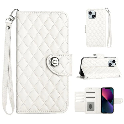 YB Imprinting Series-8 for iPhone 13 / 14 Case Rhombus Wallet Leather Cover with Hand Strap