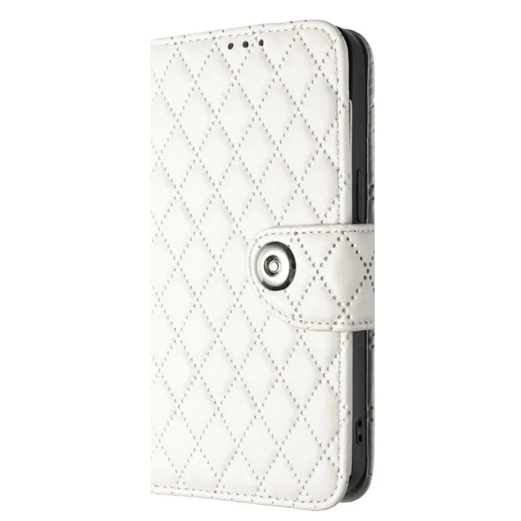 YB Imprinting Series-8 for iPhone 13 / 14 Case Rhombus Wallet Leather Cover with Hand Strap