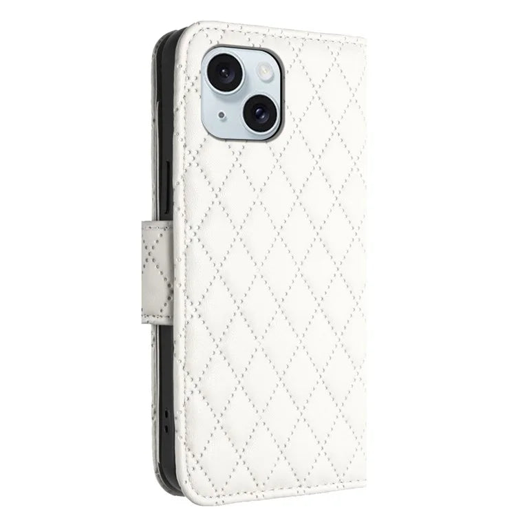 YB Imprinting Series-8 for iPhone 13 / 14 Case Rhombus Wallet Leather Cover with Hand Strap