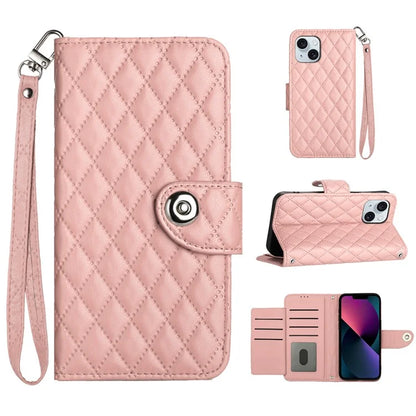 YB Imprinting Series-8 for iPhone 13 / 14 Case Rhombus Wallet Leather Cover with Hand Strap