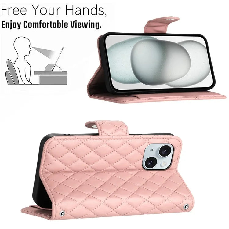 YB Imprinting Series-8 for iPhone 13 / 14 Case Rhombus Wallet Leather Cover with Hand Strap