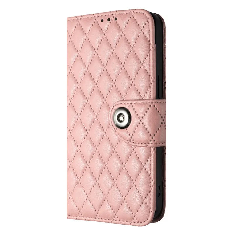 YB Imprinting Series-8 for iPhone 13 / 14 Case Rhombus Wallet Leather Cover with Hand Strap