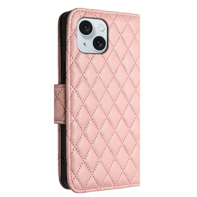YB Imprinting Series-8 for iPhone 13 / 14 Case Rhombus Wallet Leather Cover with Hand Strap