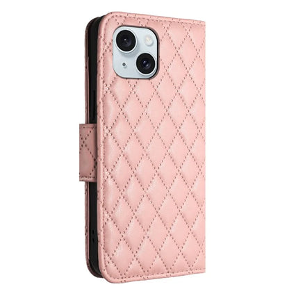 YB Imprinting Series-8 for iPhone 13 / 14 Case Rhombus Wallet Leather Cover with Hand Strap