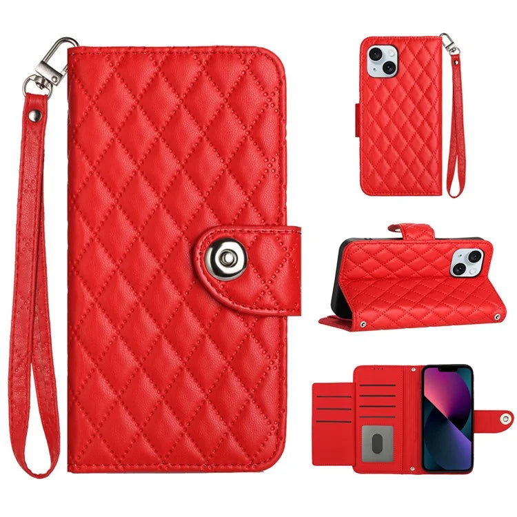 YB Imprinting Series-8 for iPhone 13 / 14 Case Rhombus Wallet Leather Cover with Hand Strap