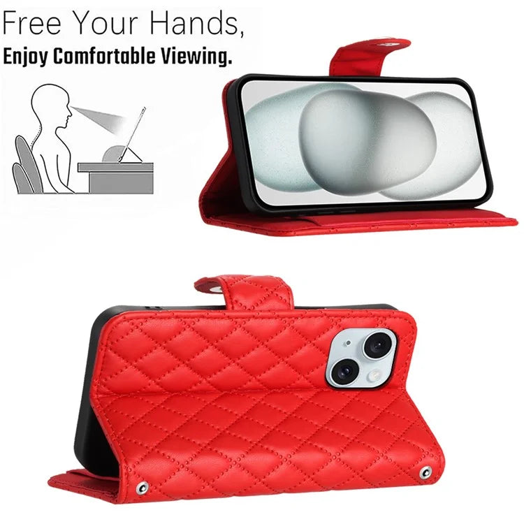 YB Imprinting Series-8 for iPhone 13 / 14 Case Rhombus Wallet Leather Cover with Hand Strap