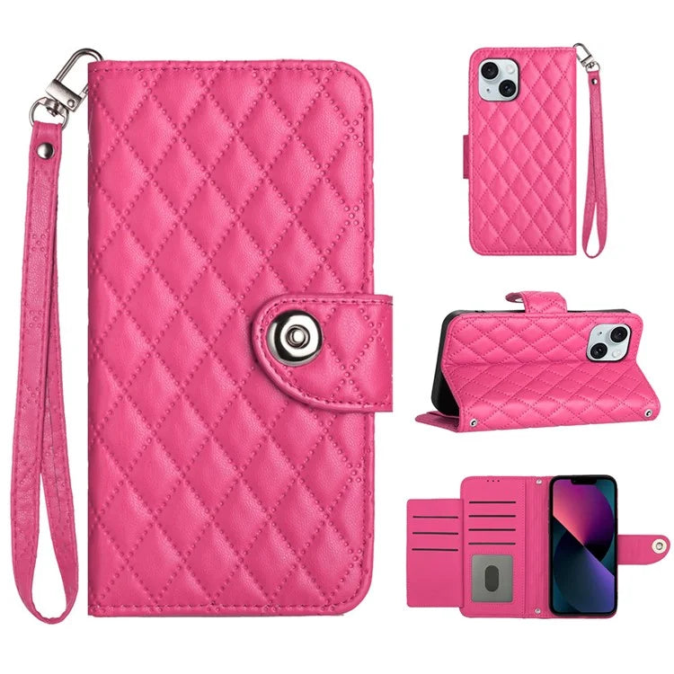 YB Imprinting Series-8 for iPhone 13 / 14 Case Rhombus Wallet Leather Cover with Hand Strap