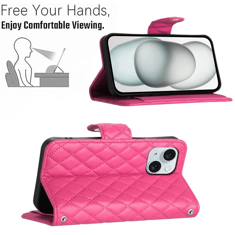 YB Imprinting Series-8 for iPhone 13 / 14 Case Rhombus Wallet Leather Cover with Hand Strap
