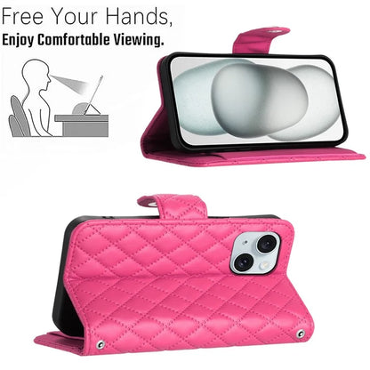 YB Imprinting Series-8 for iPhone 13 / 14 Case Rhombus Wallet Leather Cover with Hand Strap
