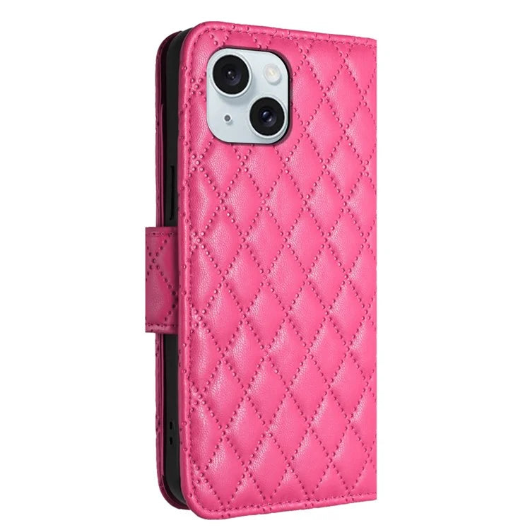 YB Imprinting Series-8 for iPhone 13 / 14 Case Rhombus Wallet Leather Cover with Hand Strap