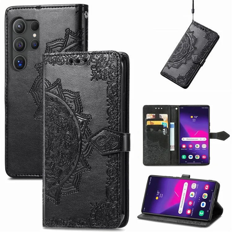 For Samsung Galaxy S24 Ultra Case Wallet Leather Cover Embossed Mandala Pattern