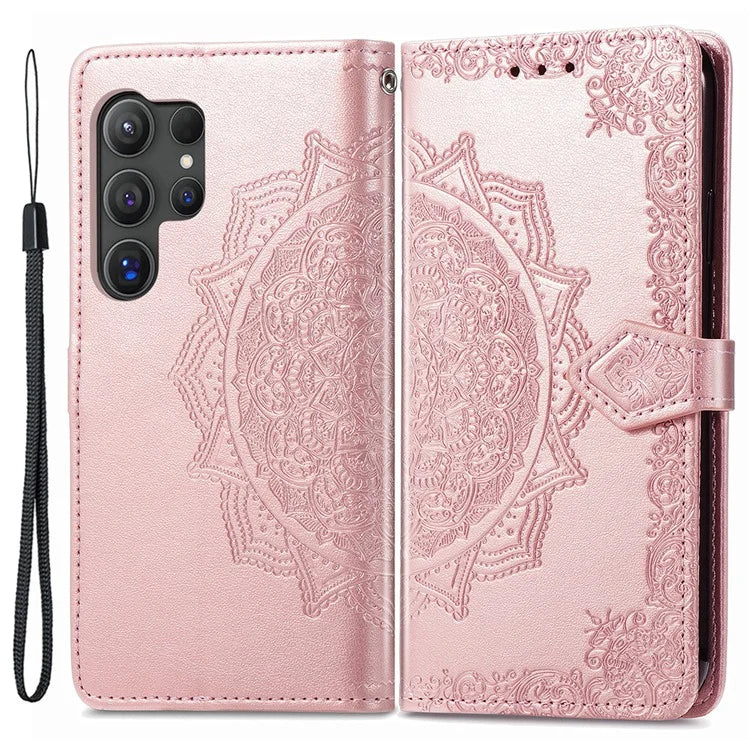 For Samsung Galaxy S24 Ultra Case Wallet Leather Cover Embossed Mandala Pattern