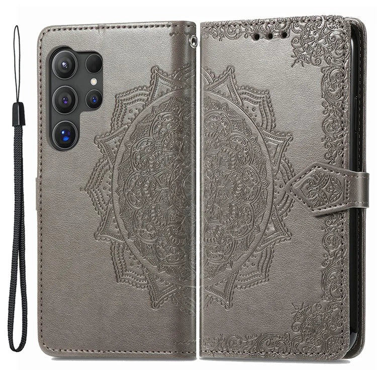 For Samsung Galaxy S24 Ultra Case Wallet Leather Cover Embossed Mandala Pattern