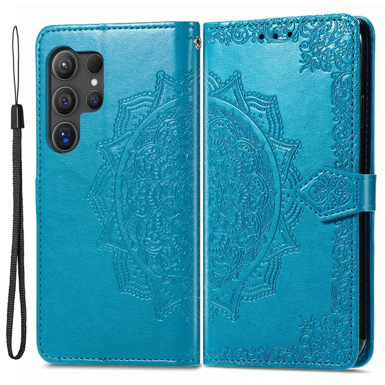 For Samsung Galaxy S24 Ultra Case Wallet Leather Cover Embossed Mandala Pattern