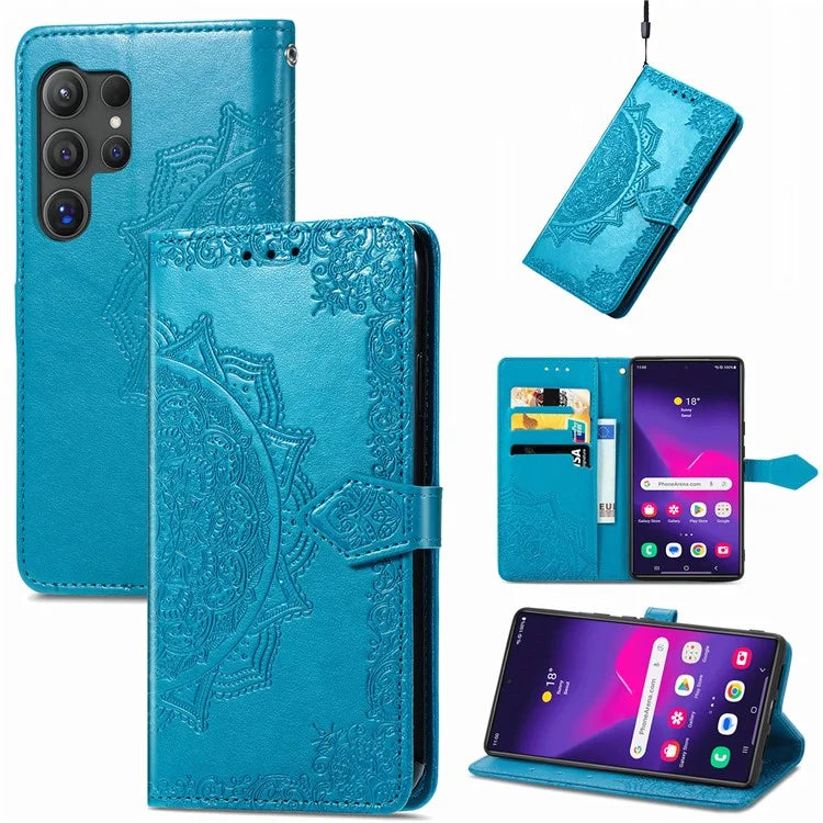 For Samsung Galaxy S24 Ultra Case Wallet Leather Cover Embossed Mandala Pattern