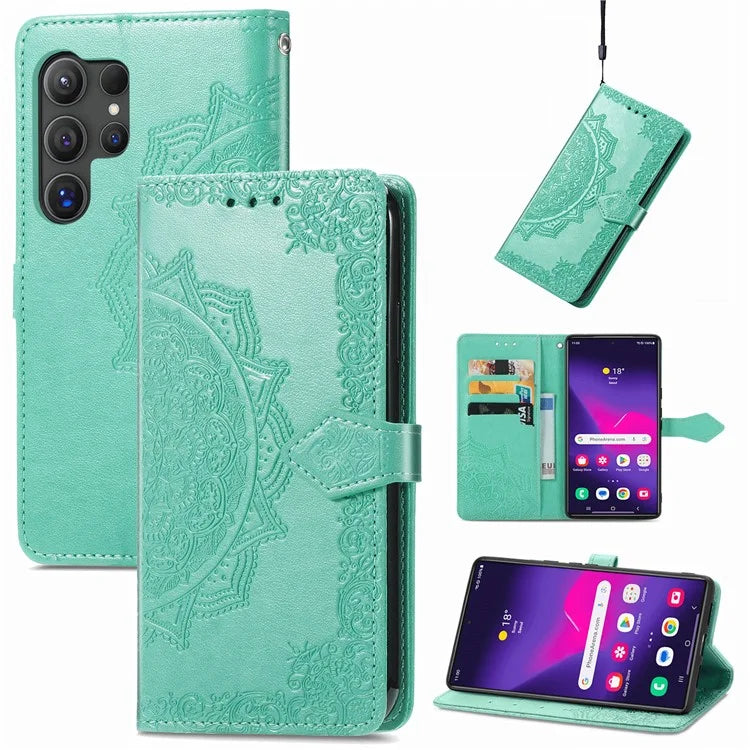 For Samsung Galaxy S24 Ultra Case Wallet Leather Cover Embossed Mandala Pattern