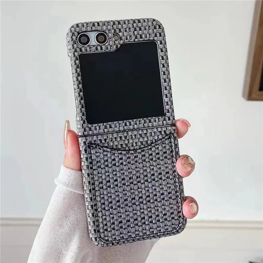 For Samsung Galaxy Z Flip5 5G Case Woven Texture Leather+PC Phone Cover with Card Slot