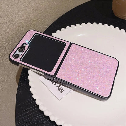 For Samsung Galaxy Z Flip5 5G Case Glitter PU Leather Coated PC Folding Phone Cover