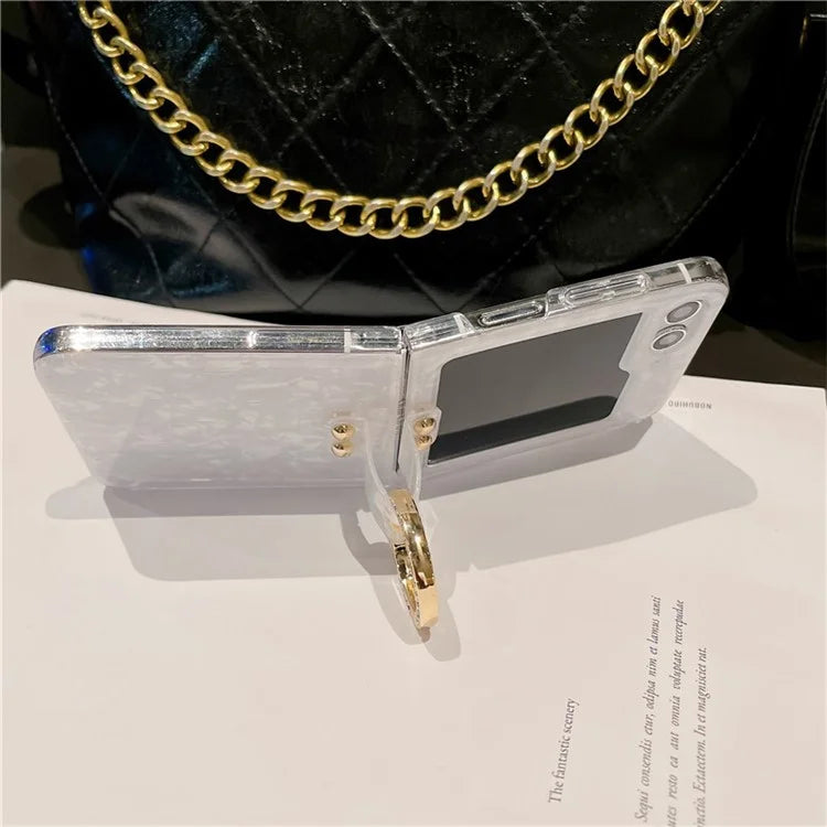 For Samsung Galaxy Z Flip5 5G Case Shell Pattern PC Phone Cover with Metal Ring Kickstand