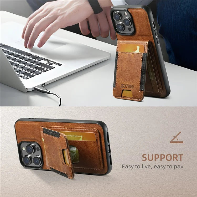 SUTENI H03 For iPhone 13 Pro Max Case PU Leather Waxy Texture Kickstand Phone Cover